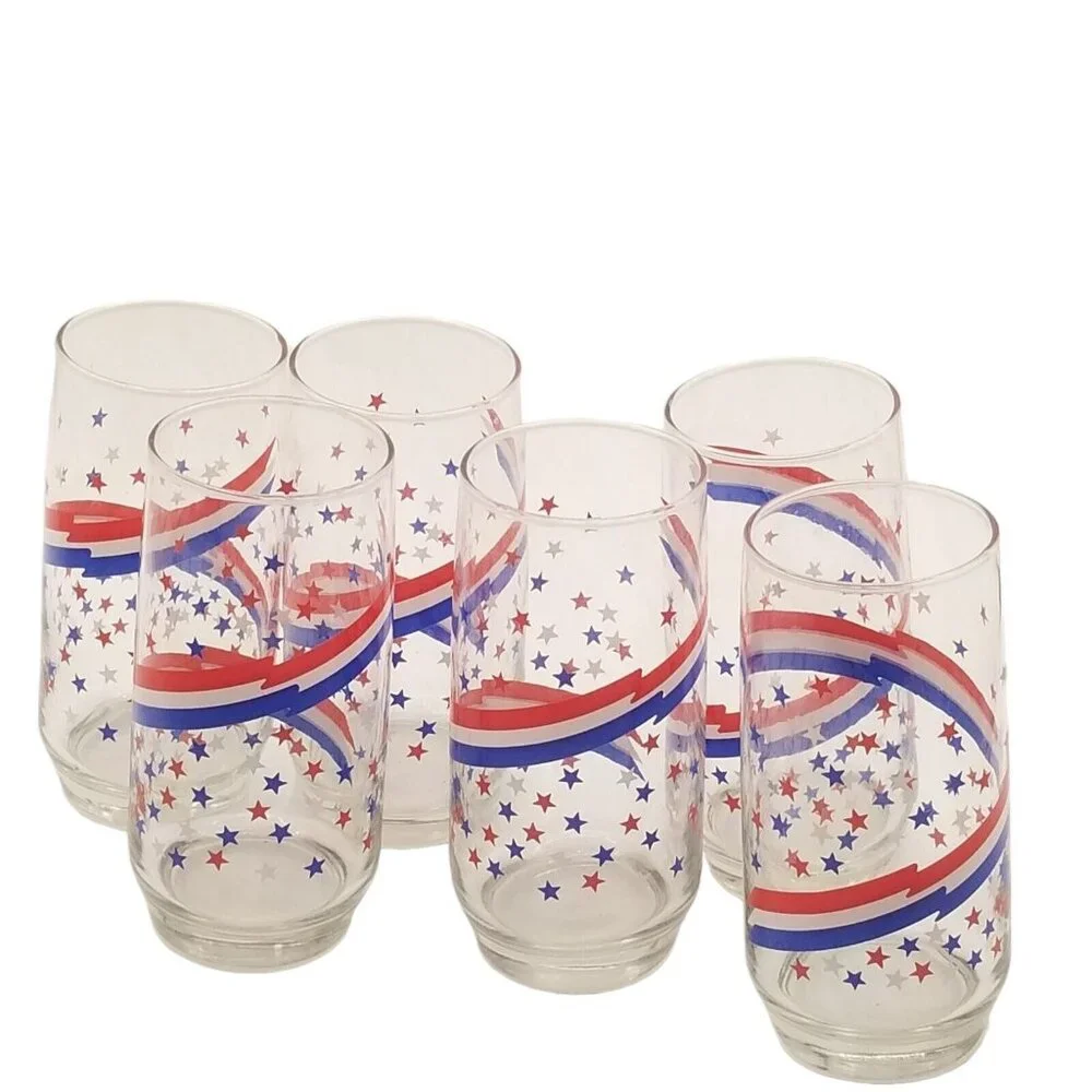 Vintage Libbey Stars & Stripes Glasses Tumblers Set 6 Patriotic Red‎ White Blue